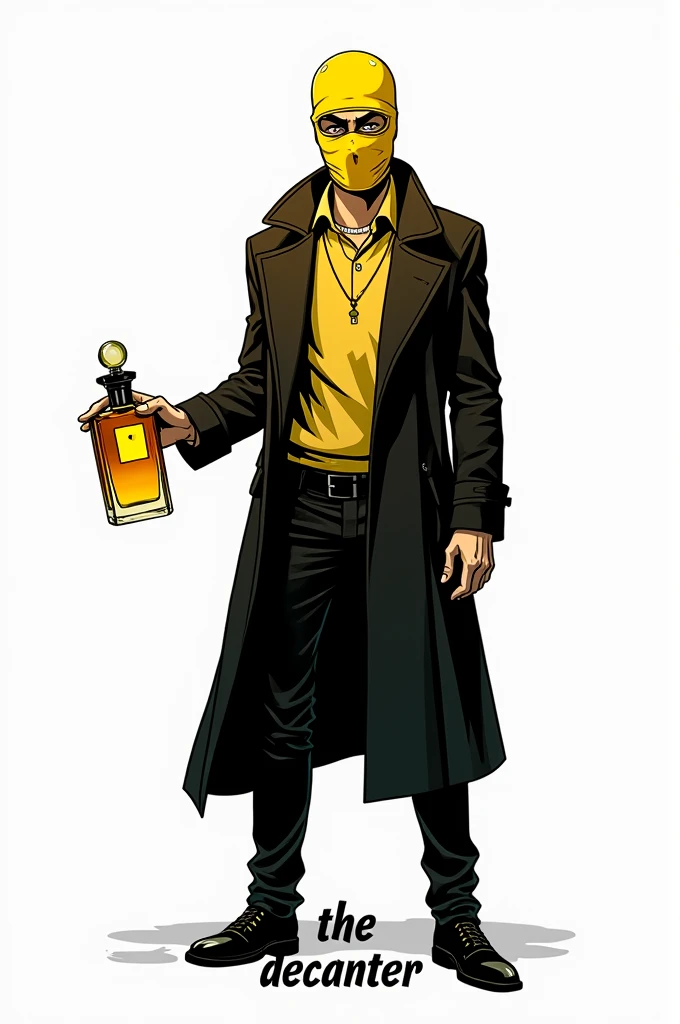 film noir murder mystery main character, male, mid 20s, attractive, tall, white/latino, he is a fragrance brand mascot comic style, with the writing  The Decanter below no bacground only blank white background holding a fragrance in hand. wearing a yellow ...