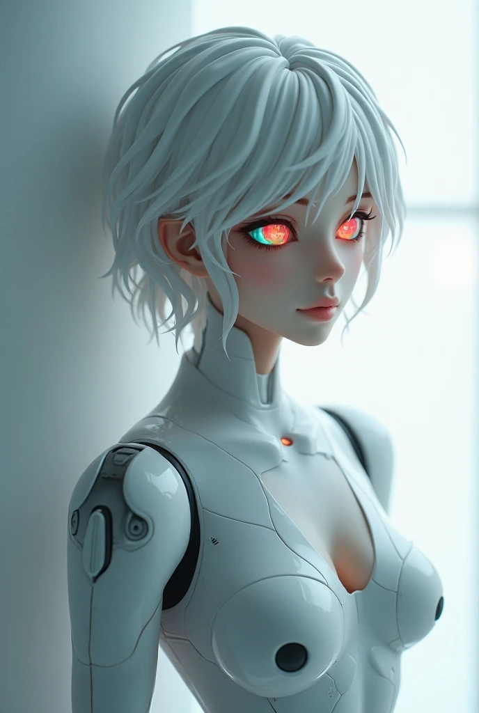 Android with short wavy hair, good eyes that change color and a sensitive and attractive body 