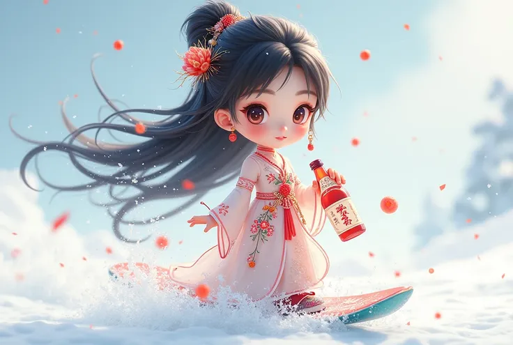 chibi, 3d_rendering, Oriental beautiful girl, White transparent real-life painting, Colorful water splash rendering, messy strokes, Facial texture is clear, Chinas finest translucent silk dress, Adorning her upper body, Delicate hair ornaments, Intricately...