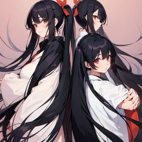  character, Symmetrical, Long Hair, Black Hair, ２people, back to back ,woman,1peopleは不安な顔,1peopleは不敵な笑み