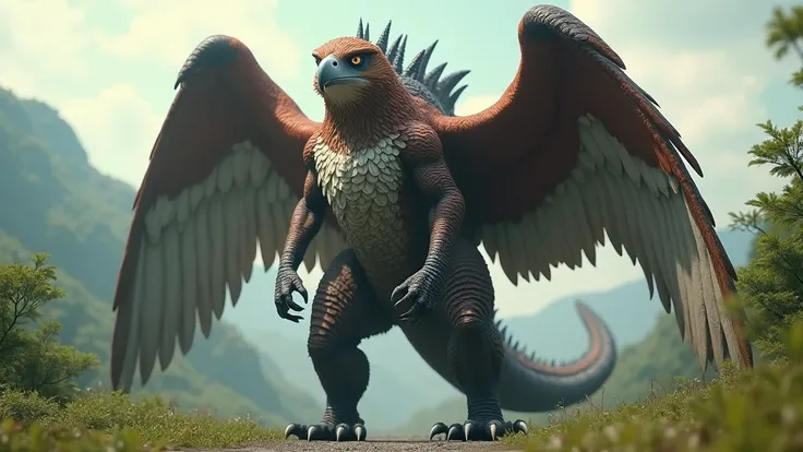 photorealistic angry giant hybrid creature combining the elements of Godzilla and a red tailed hawk, full view, nature background, brown and white colors, the creature has hawk head and legs and wings