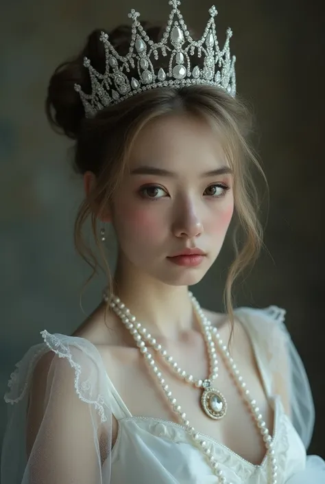  a white woman with a large tiara adorned with pointed jewels at the end of each one ,  under her hair in the shape of a bun with some loose fringe locks ,  she wears a white dress with shoulder straps and a heart neckline connected with the pearl necklace...