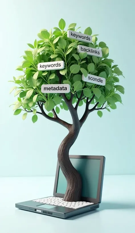 3d art style of a tree growing out of a computer, with its branches labeled as keywords, backlinks, and metadata, symbolizing the organic growth of search engine visibility through SEO.