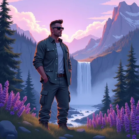 Brutal, handsome man 50 years,strong and look good, under cut hair, high resolution , wearing sunglasses , shirt and cargo trousers, standing on hill in hokkaido , purple cockscomb flowers, pine trees and mountains, beautiful waterfall, bright sky morning,...