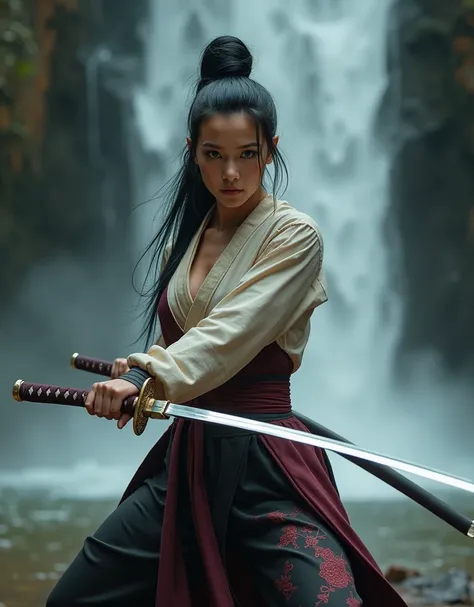  beautiful female martial artist showing off Japanese swords、One sword with a silver shining blade 、Original photo、Ultra-detailed、Best Quality、8k、 high resolution on down、masterpiece、Super big breasts、Waterfall Background、A scene from a martial arts movie