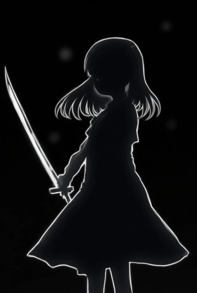 Girl anime,white outline,holding sword,black background,don t have face