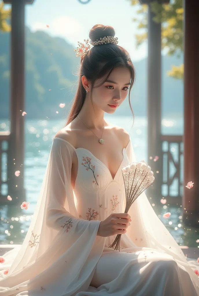 qingwan talented girl: wearing a white low-cut elegant dress with elegant plum blossoms painted on it. he held a white folding f...