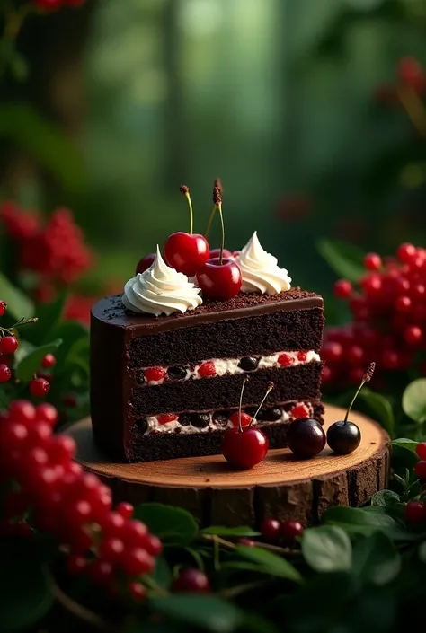  A DELICIOUS BLACK FOREST CAKE DECORATED WITH CHOCOLATE,  CHANTILLY CREAM ,  RED AND BLACK CHERRIES ,  CUT PORTION OF THE CAKE ,  IN THE MIDDLE OF A HUMID FOREST OF RED FRUIT BUSHES, THICK JUNGLE 