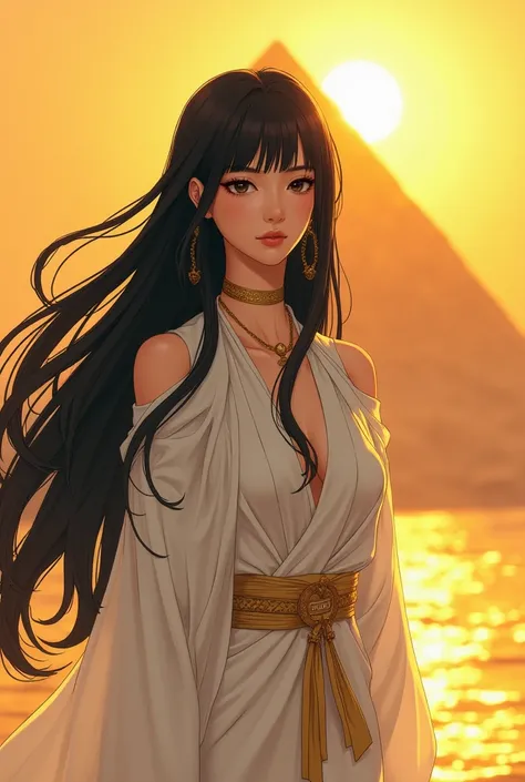 A captivating Japanese anime-inspired illustration of a stunning woman with long black hair and bangs. She wears a flowing white Egyptian robe, adorned with a gold necklace. Her fair skin, black eyes, and soft lips exude elegance and grace. She stands calm...