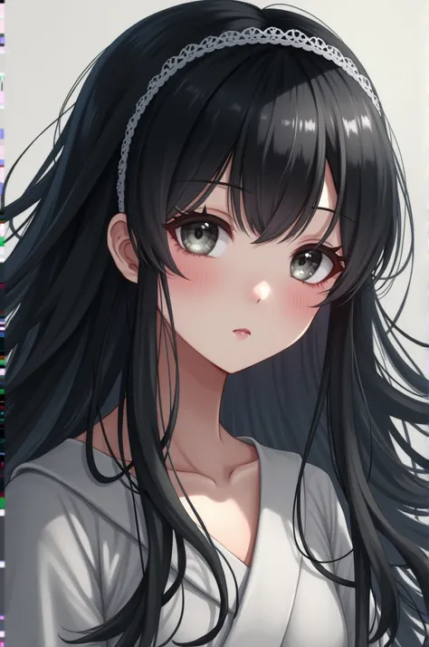 A black-haired girl with a hairband, white skin and gray eyes 