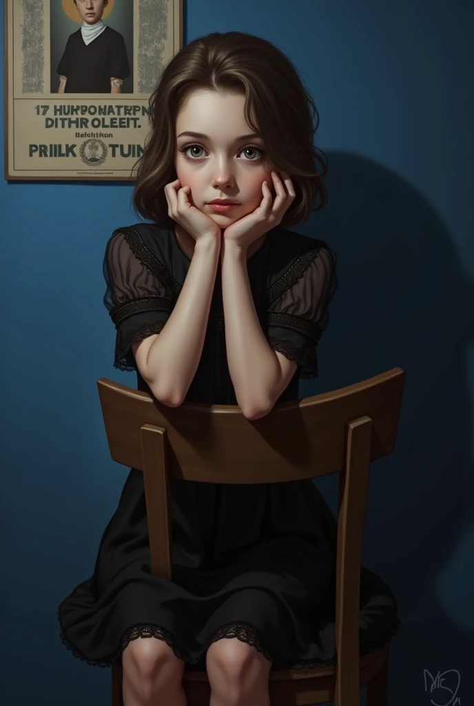 The image is a portrait of a young girl sitting on a wooden chair. She is wearing a black dress with a lace top and a black shawl draped over her shoulders. Her hair is styled in loose curls and she is looking directly at the camera with a serious expressi...