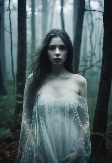 There is a woman with one breast showing, inspired by Elsa Bleda, an ethereal image, inspired by Katia Chausheva, woman in a dark forest, pale young ghost, mysterious and creepy portrait, ghost of a girl, haunting image, mysterious portrait of a woman, shr...