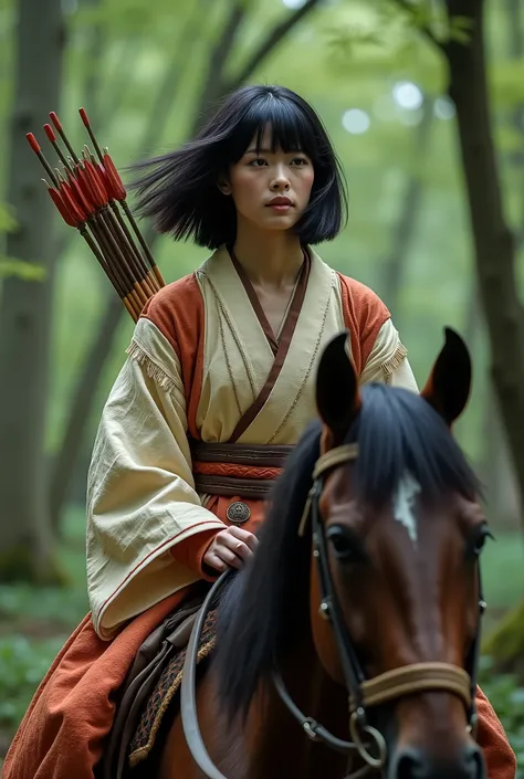 live-action、 real、 bow standing majestically、Carrying arrows、Ride a horse and move through the woods、Ainu traditional clothing、A very beautiful Japanese woman with a 、Black Hair、 short bob hair、Hair blowing in the wind、 upper body、