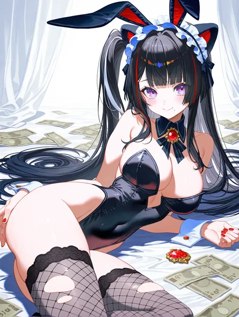 1girl, indie virtual youtuber, (yoneyama mai:0.4), (mika pikazo:0.4), (rei (sanbonzakura):0.4), (quasarcake:0.4), ahera ohoko, animal ears, bare shoulders, black hair, black leotard, blush, breasts, brooch, cleavage, closed mouth, fake animal ears, fishnet...