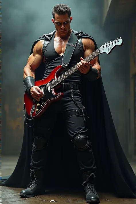 Create a detailed, photorealistic image of The Terminator sitting muscular and beautiful with his hero cape dressed as The Terminator in the foreground and playing the guitar well concentrated on the music.