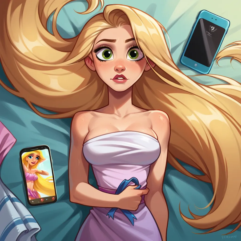 score_9_presence, score_8_above, rapunzel, wrapped in towel ,  medium breasts,  holding phone