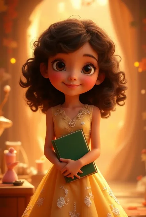 Pixar-style poster of a girl with medium curly hair, dark brown color, wearing a formal dress and a green book , chubby