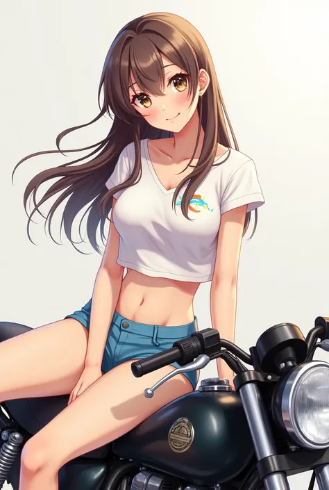 a girl sitting on motorcycle saddle, 1girl, solo, short shorts, smile, long hair, brown hair, brown eyes, sitting, spread legs, looking at viewer, blush, dolphin shorts,
