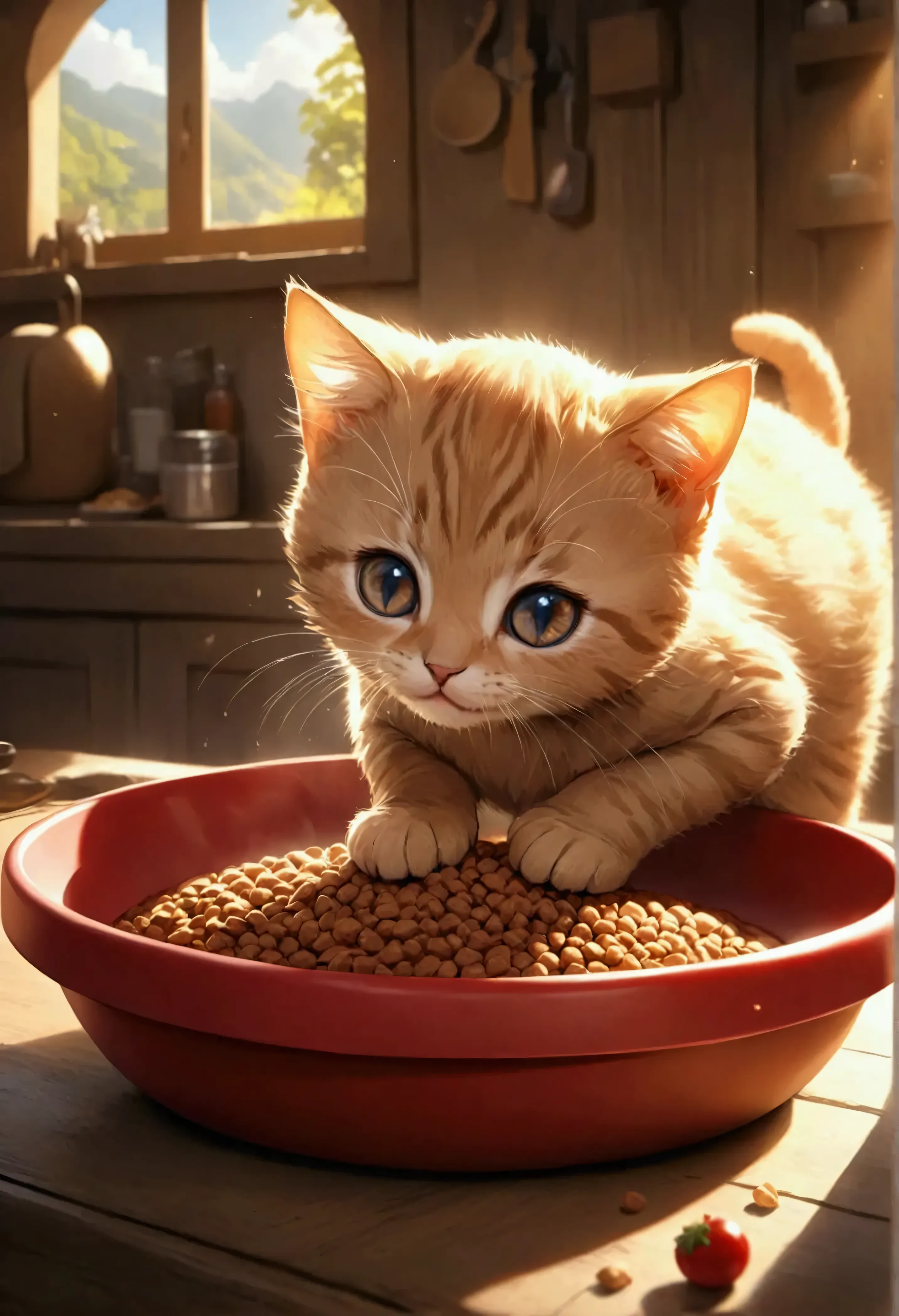 very cute brown kitten\( eating cat-food from the red pet-dish,looking down,smile\). very heartful background, warm background. BREAK .quality\(8k,wallpaper of extremely detailed CG unit, high resolution, top-quality, top-quality real texture skin, hyper realistic, increase the resolution, RAW photos, best quality, highly detailed, the wallpaper,golden ratio,high saturation realism, vibrant colors, dramatic lighting, persuasive storytelling, atmospheric scenery, captivating visuals, intricate details, strong emotions,dreamlike world\)