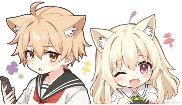 {{masterpiece, best quality, extremely detailed CG, 1girl, cat ears, 1boy, chibi, detauked face, expressive, ultra detailed, hdr, highres, masterpiece, zerochan art, official fanart, pixiv, cute