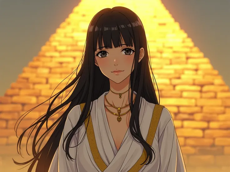 A captivating Japanese anime-inspired illustration of a stunning woman with long black hair and bangs. She wears a flowing white Egyptian robe, adorned with a gold necklace. Her fair skin, black eyes, and soft lips exude elegance and grace. She stands calm...