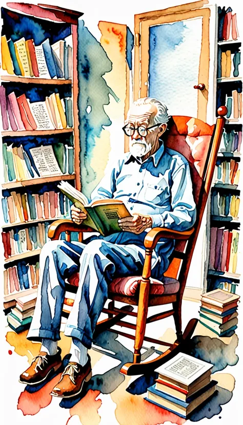 watercolor art, old man in rocking chair, lots of books, mr doodle style, surrealist masterpieces.