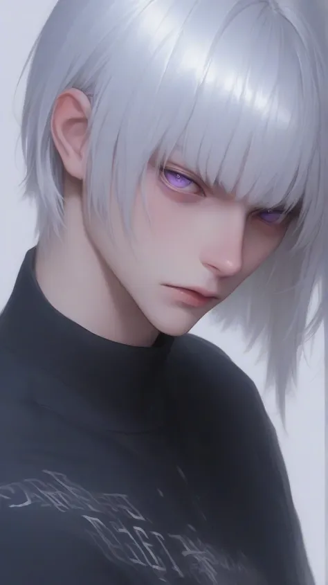 Best Quality,  very detailed,  1 boy,  shortcuts,  Black clothes, Silver Hair, Diagonal bangs,  purple eyes,  anatomically correct, 