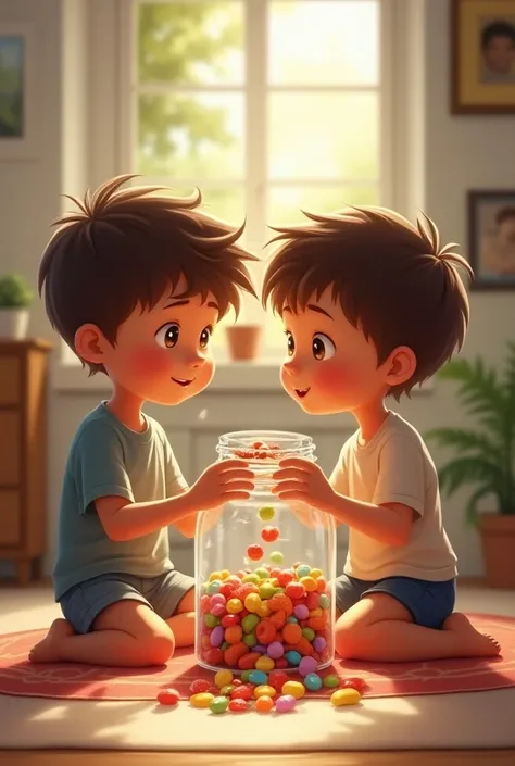 2 boys, one  and the other , sharing candies from a jar