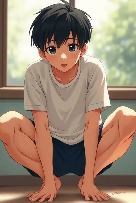 The beautiful anime boy is wearing short shorts, a rounded face, a bob haircut, black eyes, big lips, a view in front of me, a squatting session