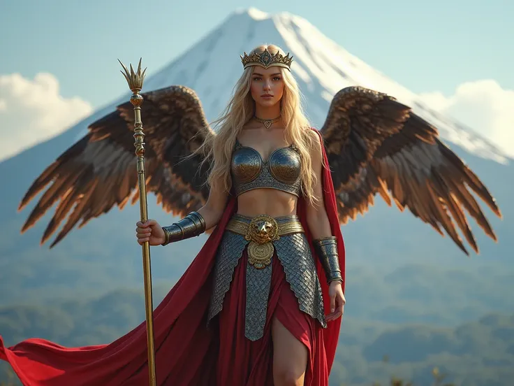  Fantasy, mythology, Front View , body with Osprey wings, on standing Japanese Mountain Fuji ,  long gold Victory cane, cane top V mark design,   Roman Goddess Victoria,  A beautiful young  woman,  20-age,  long golden hair,  Silver coin  crown, smile face...