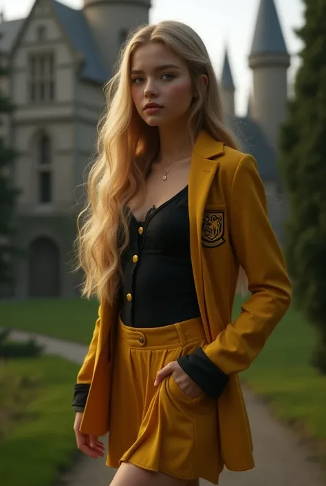 a beautiful girl, honey eyes, long blonde hair, small waist, big butt, wearing Hufflepuff uniform, skirt, boots, Hogwarts background, sexy, beautiful, pretty, realistic, 1girl, detailed face, detailed eyes, detailed lips, long eyelashes,  high quality, 8k,...