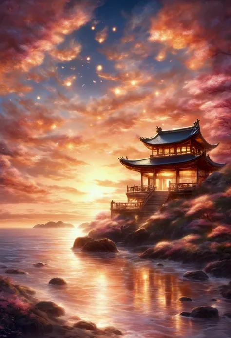  The healing effects of shell jasper 。穏やかな海辺に、 A fantastic scene evoking the healing effects of shell jasper {x} Painted jasper stones are scattered。At dusk、 Soft orange and pink light spreads through the sky, and 、 Shell Jasper on a calm seaside 。 A small...