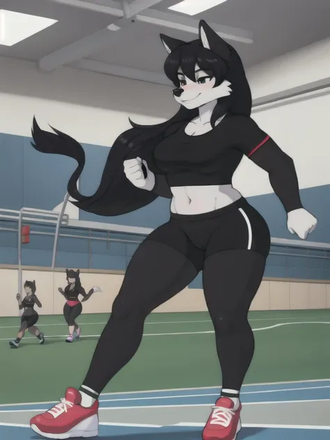 Furry, wolf, female, black shirt, black spandex bike shorts, shoes, indoor running track, friend, competitor, full body