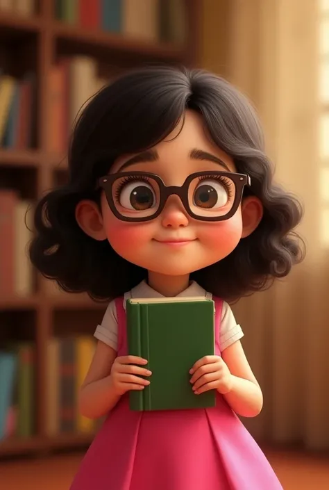  Pixar-style poster of a girl with medium-long curly hair, dark brown color, small eyes with square glasses ,  wearing a formal pink dress and a green book , chubby. missionary