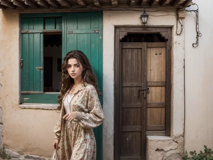 A photograph of a typical house in an Andalusian village, in the window of the house you can see A gypsy boy,Long brown hair, mustache and Perilla, dressed in gangster-style tracksuit, looking A brunette, slim girl, with a flower-print dress and long hair ...