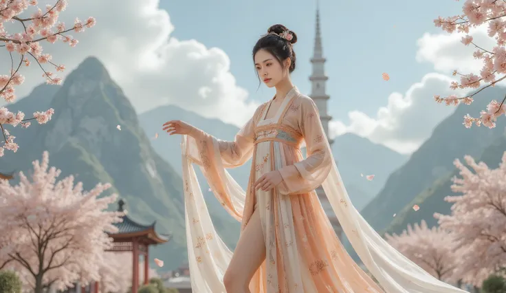 ,whole body,Imagine, White clouds and mountains in the distance 、Tower and many people,Pink flowers, Cherry Blossom Tree ,Cherry blossom petals falling,Hanfu woman,Phoenix Coronet、 Exquisite embroidery 、Wearing Hanfu pantyhose、Hanfu、Wear long-sleeved Hanf...