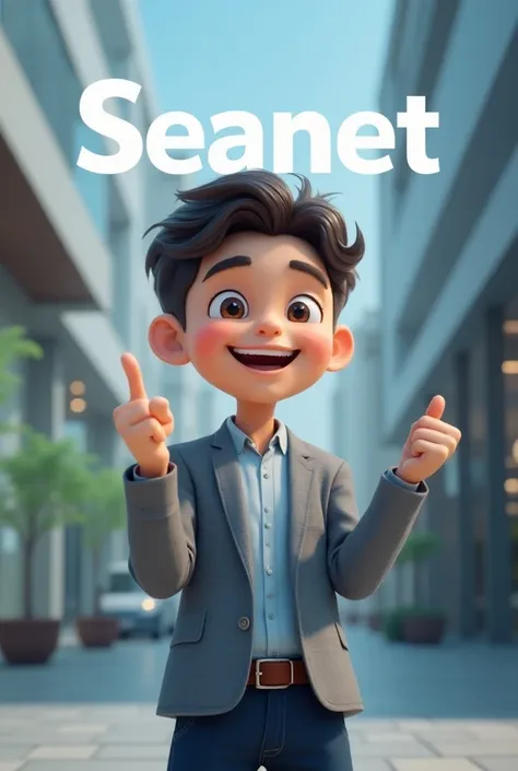 Create a smiling  who is an advertisement boy for the internet provider company Seanet where he points to a logo of the company SEANET in a realistic way