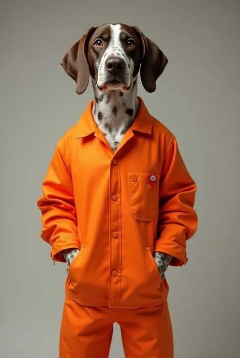 White and brown German shorthaired pointer in an orange jailbird jumpsuit