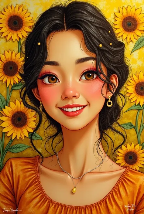  A portrait of Jessica Natalia in the style of Vincent van Gogh ,  with a warm color palette ,  predominating yellow .  She is surrounded by sunflowers and other floral elements that symbolize joy and happiness.  The composition is dynamic and expressive ,...