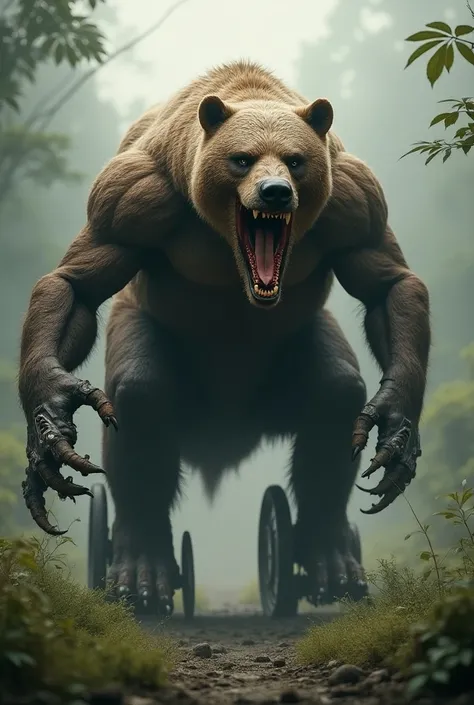 The combination of grizzly bear and velociraptor .  Has the powerful jaws of a bear with raptor claws .  Its legs are armed with mechanical wheels that can spin quickly to chase enemies.