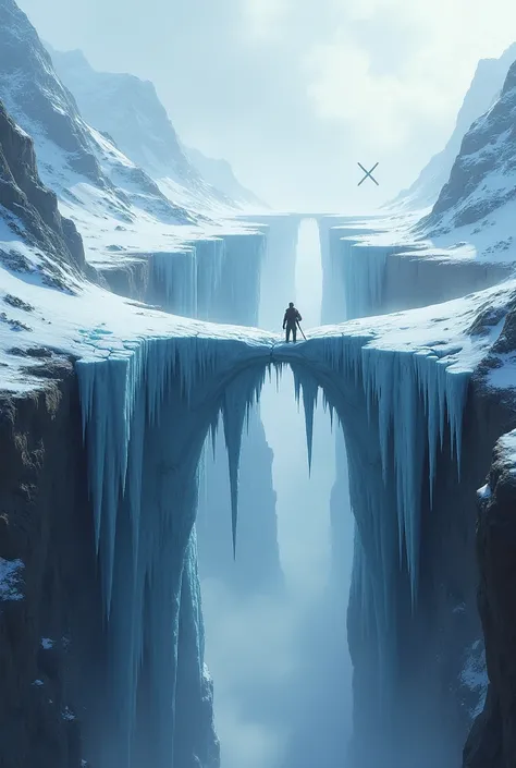 A broken ice bridge ,  that serves to cross a precipice ,  on the other side there is an x that marks the way