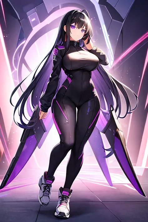 1girl, black hair, long hair, serious, salute, purple eyes, white bodysuit, bodysuit, large breasts, breasts, futuristic, tech, science-fiction, machinery, long sleeves, full body, ((full body)), standing, sneakers, ((standing))