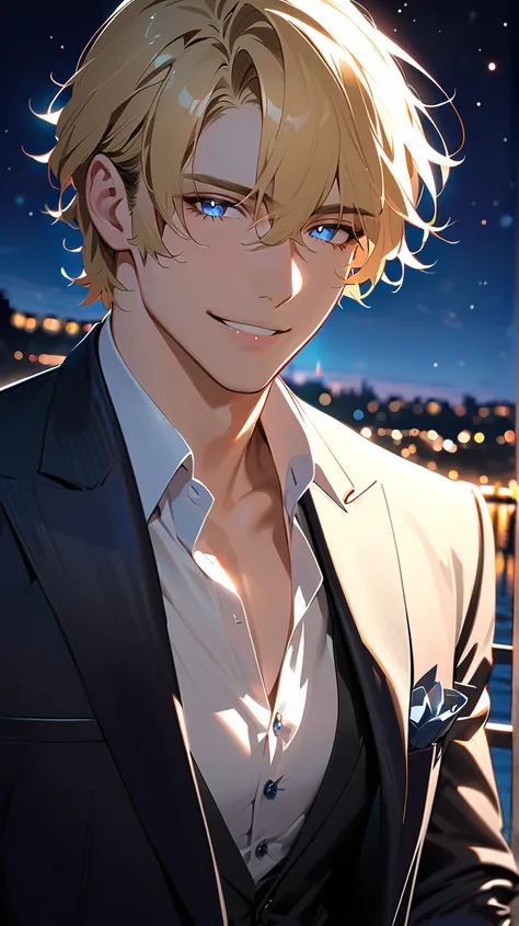 1man、30yo, blonde Hair、handsome、brawnily, blue Eyes、Sparkling Eyes、tuxedo、detailed eyes 、upper body, smile,  high resolution , masterpiece , Moonlight、Backlight、France、The Seine、Night view,  light particles, depth of field,