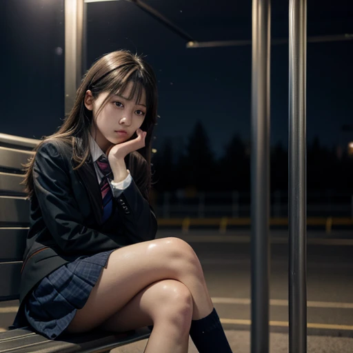 A girl wearing school uniform sitting at the bus stop at night 