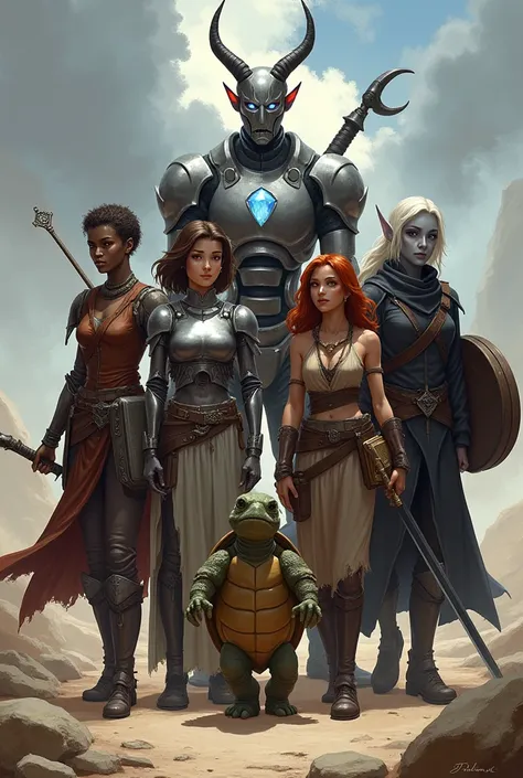 a fantasy adventuring group made up of five members and a dragon companion: the first is a dark-skinned woman with short brown hair, green eyes, with soft, pointed ears, wearing leather armor, Carrying a bow. the second is a tall female robotic construct w...