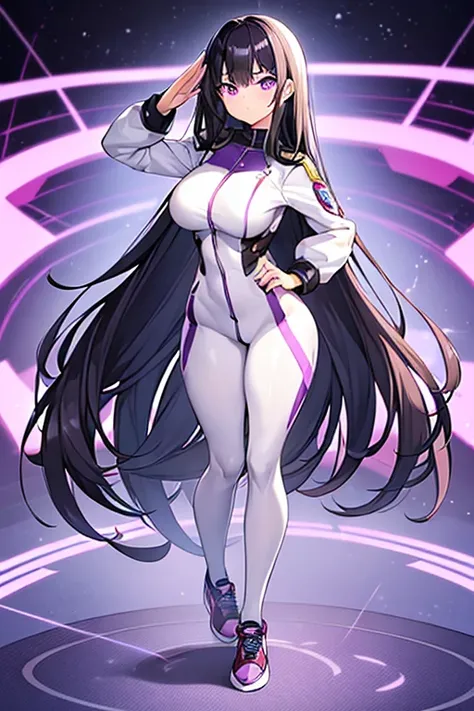 1girl, black hair, long hair, serious, salute, purple eyes, white bodysuit, bodysuit, large breasts, breasts, futuristic, tech, science-fiction, machinery, long sleeves, full body, ((full body)), standing, sneakers, ((standing))