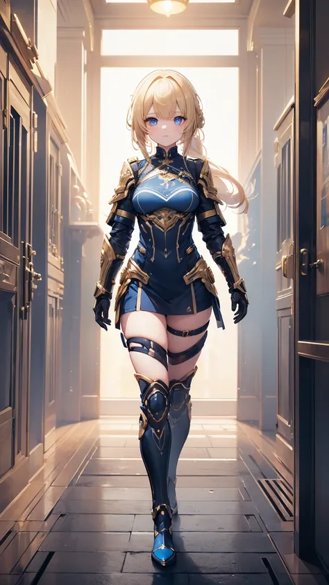 ((masterpiece)), ( Texture texture  ), ((high detail)),   is the best quality, Awards, 8K,   young girl  ,  Wearing golden kinetic armor ，Full body photo，Sci-fi style，blond,  bangs，  French braid ， blue eyes，Sci-fi style的城市