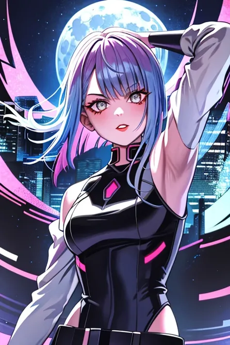 lucy (cyberpunk), 1girl, arm up, bangs, blue hair, colored tips, full moon, grey eyes, jacket, long sleeves, looking at viewer, medium hair, moon, multicolored hair, parted bangs, parted lips, pink hair, portrait, red eyeliner, red lips, solo, white jacket...