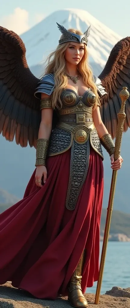  Fantasy, mythology, Front View , body with Osprey wings, on standing near Japanese Mountain Fuji ,  long gold Victory cane, cane top V mark design,   Roman Goddess Victoria,  A beautiful young  woman,  20-age,  long golden hair,  Silver coin  crown, smile...