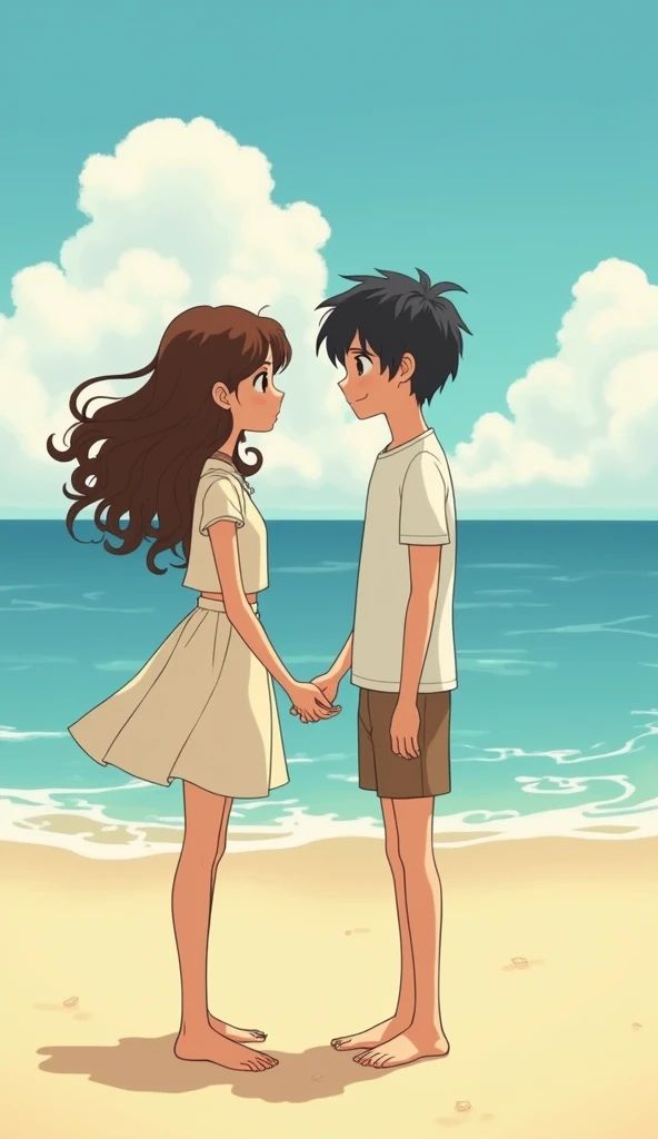 ghibli style, RETRO ART STYLE, CUTE, ART STYLE, BOOK, background,young couple together on the beach, the girls with curly hair being brunette and the boy as an Asian, both in front of each other (image style in a simple but cute design, being a little more...